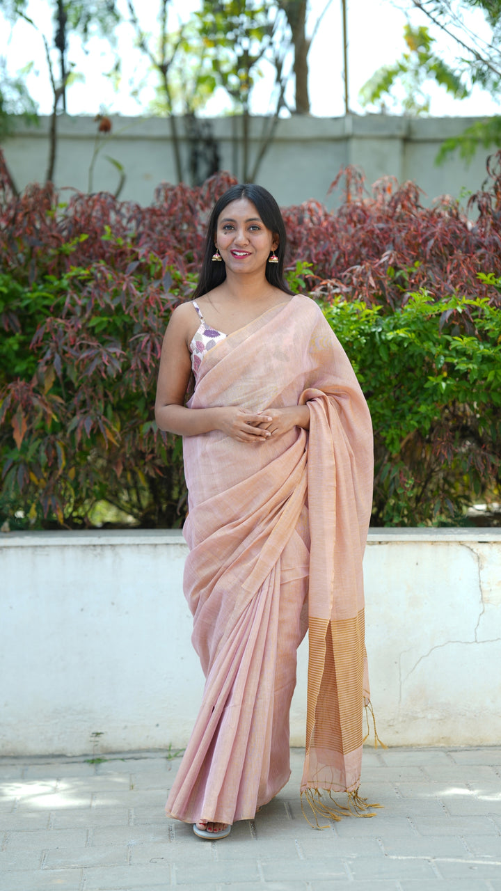 Gulabi Sheen Tissue Linen (Saree)