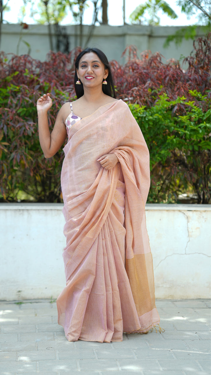 Gulabi Sheen Tissue Linen (Saree)