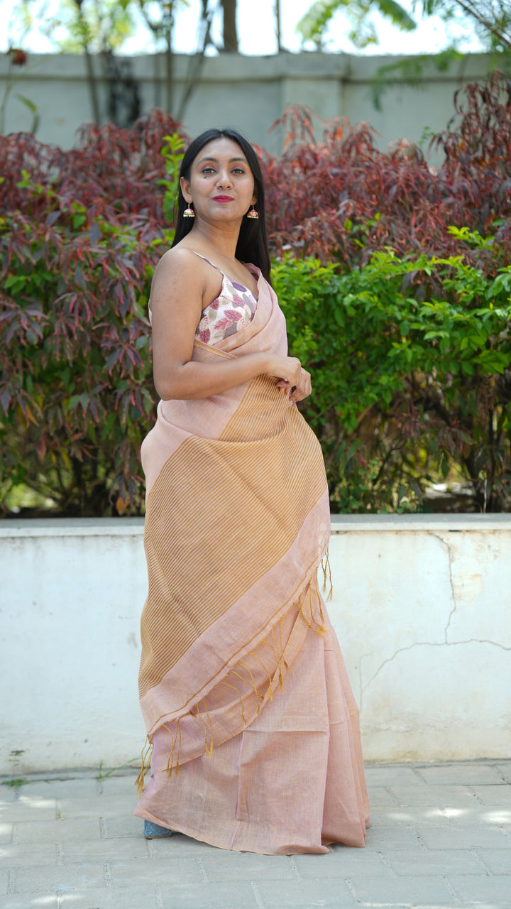 Gulabi Sheen Tissue Linen (Saree)