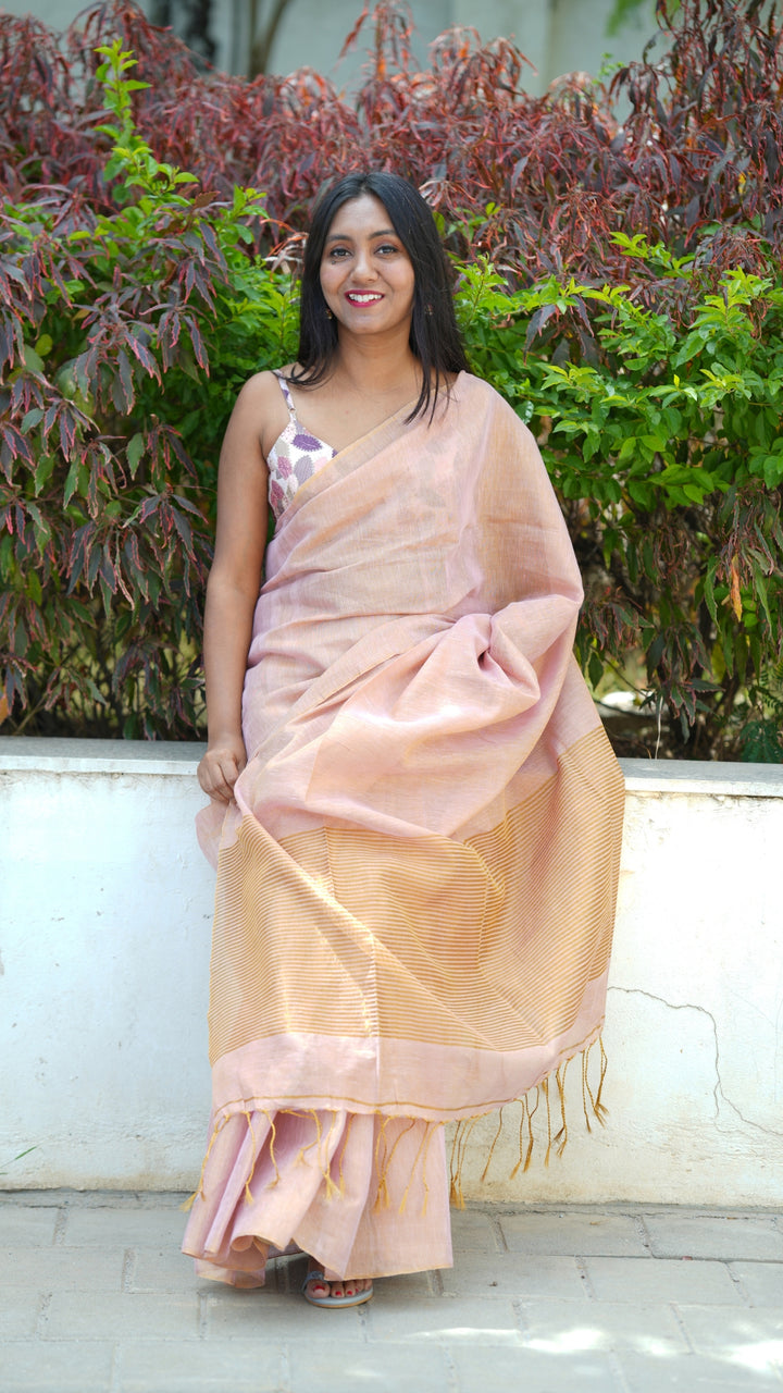 Gulabi Sheen Tissue Linen (Saree)