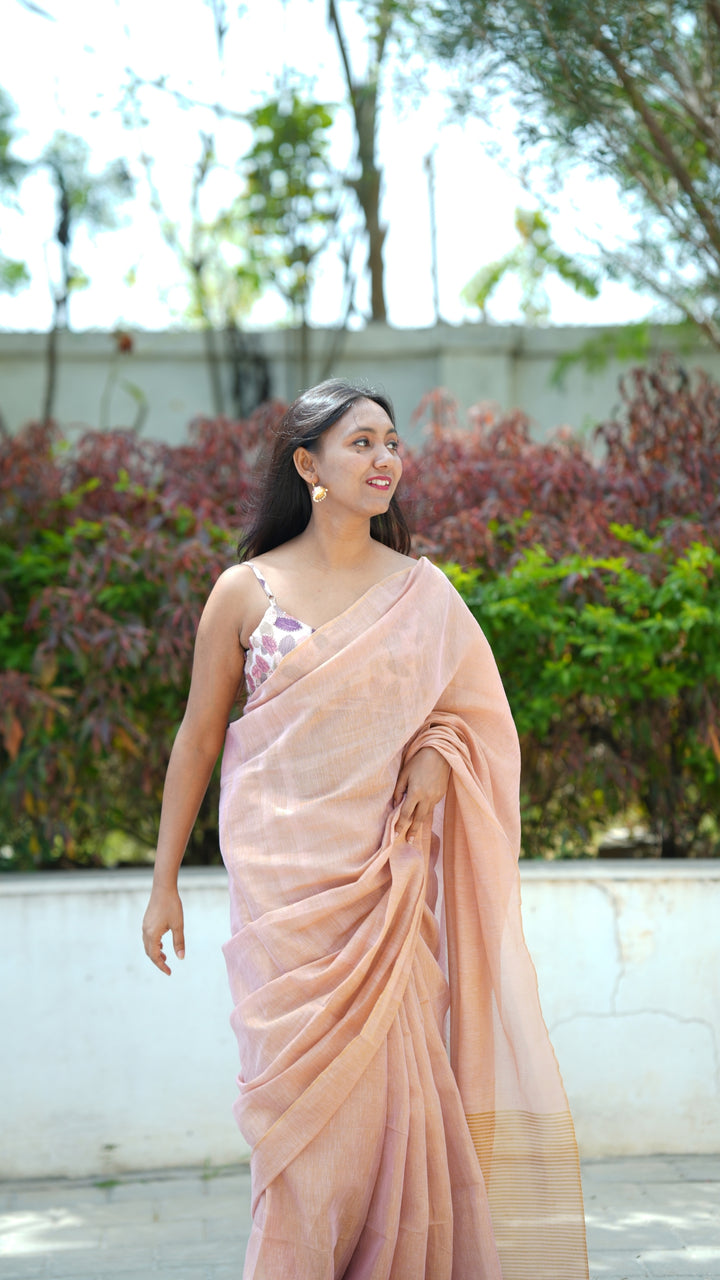 Gulabi Sheen Tissue Linen (Saree)