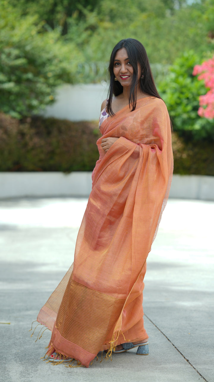 Kanak Gulabi Tissue Linen (Saree)